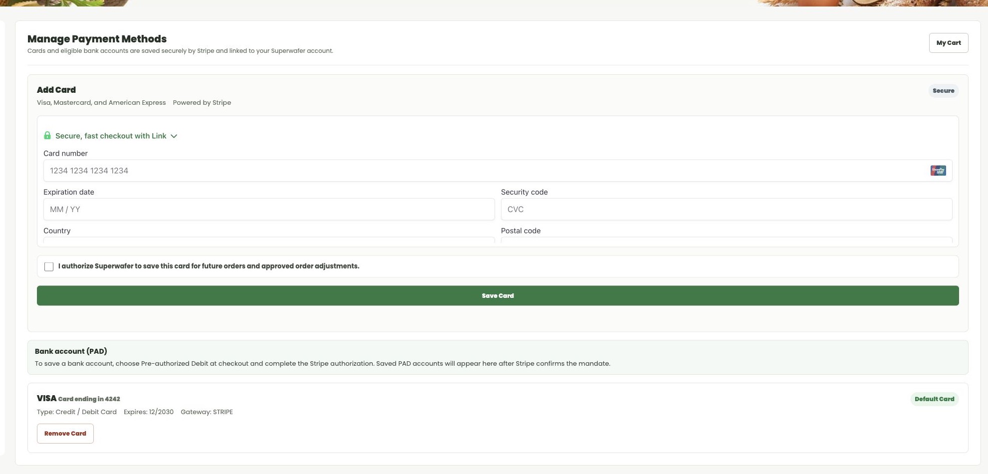 Superwafer saved payment methods page
